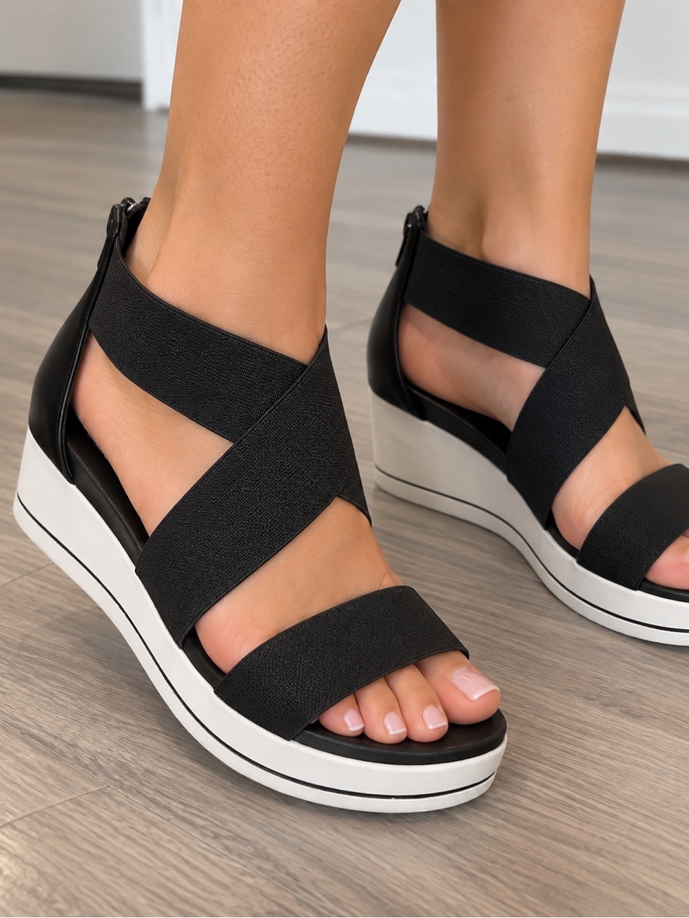 Women's Black Strappy Platform Wedge Sandals